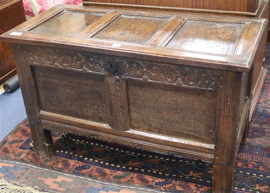 An early 18th century oak boarded chest, W.103cm